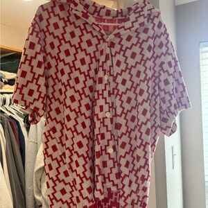 OAS Red and White Geometric Button-Down Casual Shirt
